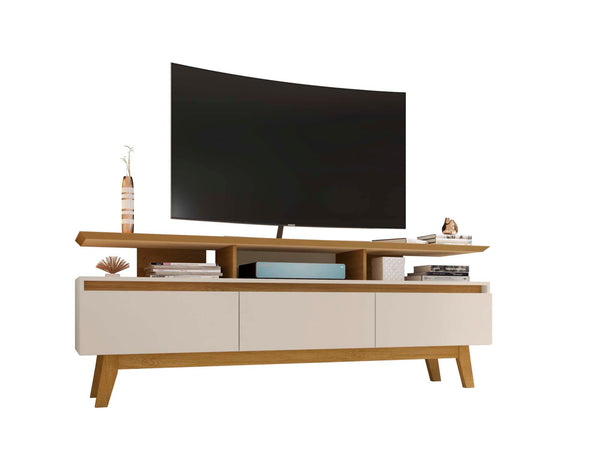 English Elm Yonkers 71" TV Stand Off White & Natural—65" Ready, 3 Flip-Down Doors, Open Shelves, Cable Management B365P398393