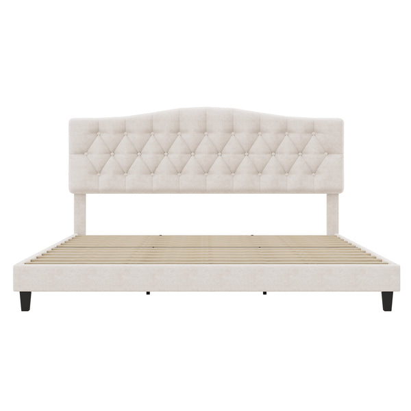 English Elm Upholstered Diamond-Tufted Platform Bed with Two-Position Adjustable Headboard and Sturdy Support Beige 81.22 L x 26.81 W x 5.24 H N701P342941B