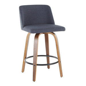 English Elm Toriano Mid-Century Modern Counter Stool Set Of 2 In Walnut & Blue Fabric - Stylish & Comfortable B202S00381-GIGA