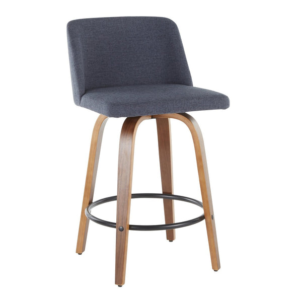 English Elm Toriano Mid-Century Modern Counter Stool Set Of 2 In Walnut & Blue Fabric - Stylish & Comfortable B202S00381-GIGA