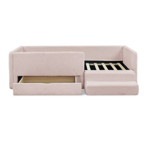 English Elm Twin Boucle Upholstered Kids Bed with Guardrails Built in Storage and Cushioned Step Stool Pink W1413P433365