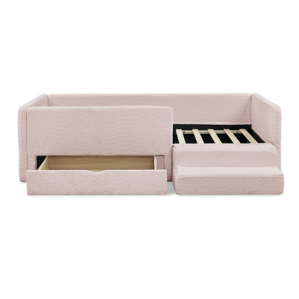 English Elm Twin Boucle Upholstered Kids Bed with Guardrails Built in Storage and Cushioned Step Stool Pink W1413P433365