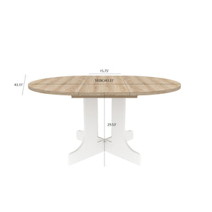 English Elm Dining Farmhouse Expandable Oval Table 59"x43" with Removable Leaf, X-Base, White Oak Finish, Seats 6 W1347P246823