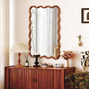 English Elm Yellowish Solid Wood 30"x40" Wavy Rectangle Mirror with Rustic Grain, Tempered Glass, Easy Installable W2203P389069