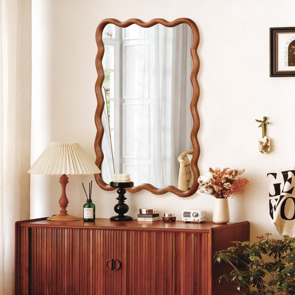 English Elm Yellowish Solid Wood 30"x40" Wavy Rectangle Mirror with Rustic Grain, Tempered Glass, Easy Installable W2203P389069