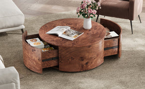 English Elm Burl Veneer Round Coffee Table Swivel Top Two Drawers Walnut Living Room N735P387206D