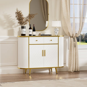 English Elm Luxury Fluted Curved Sideboard with Golden Legs Sculptural White Storage for Entryway T3773P417294