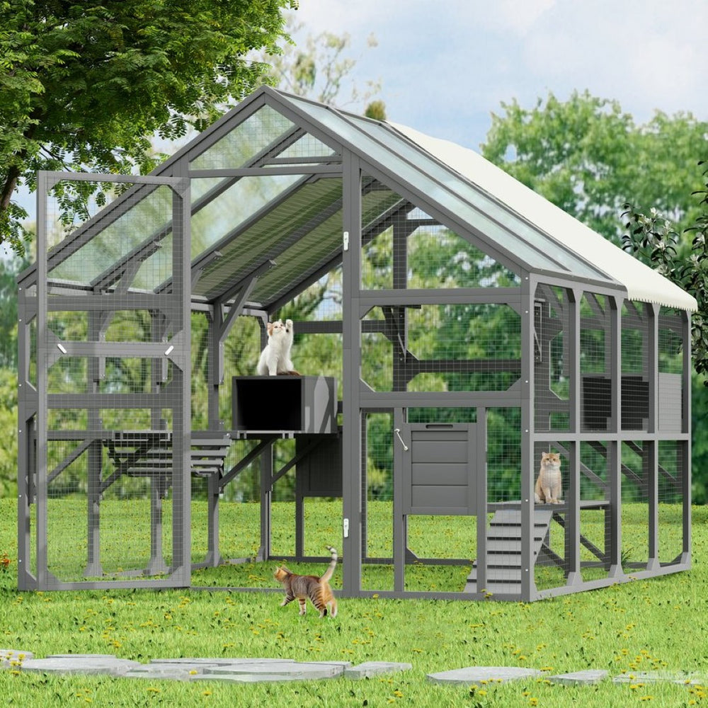 English Elm Large Walk-in Pine Catio Multi-cat Enclosure with Seven Platforms and Weatherproof Roof N704G201613E