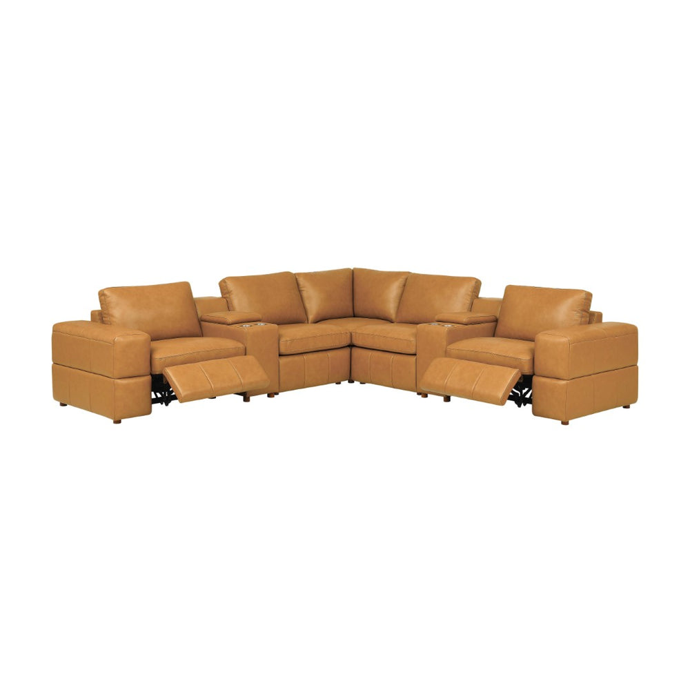English Elm Premium Leather Match Sectional with Dual Recliners Cup Holders and Storage Console Ginger B2748S00153