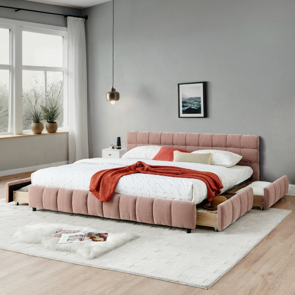 English Elm California King Platform Storage Bed Chenille Upholstered Frame Modern Bedroom Pink W487S00524