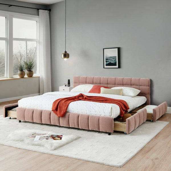 English Elm California King Platform Storage Bed Chenille Upholstered Frame Modern Bedroom Pink W487S00524