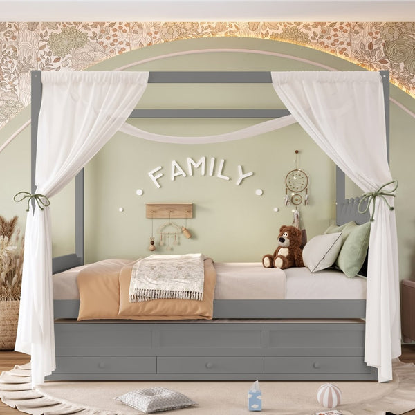 English Elm Full Bunk Bed with Trundle Bookshelf Storage Pine Frame Car Design for Kids W1580S00318