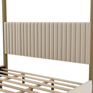 English Elm King Velvet Upholstered Four Poster Canopy Bed White Modern Bedroom Frame N7090002405A