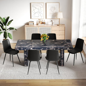 English Elm Table and Chair Set 7 Piece Black Marble Mdf Dining with Pu Leather Seating W1151S04135