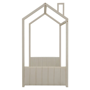 English Elm Twin House Bed Velvet Upholstered Peaked Roof Frame for a Cozy Kids Bedroom LP100125AAA
