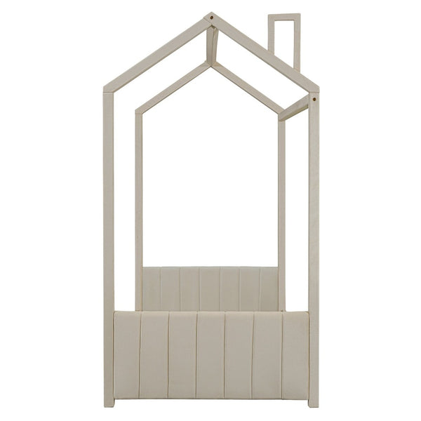 English Elm Twin House Bed Velvet Upholstered Peaked Roof Frame for a Cozy Kids Bedroom LP100125AAA