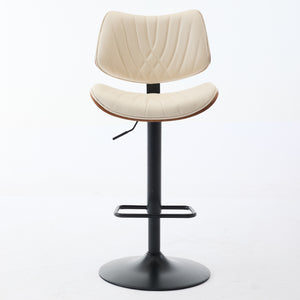 English Elm Walnut Mid-Century Bentwood Swivel Bar Stool — Ergonomic Faux Leather Seat, Wide Stable Base Beige W1143P173515