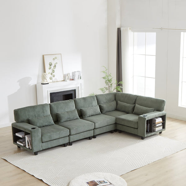 English Elm 102.75*102.75" L-Shaped Modular Sectional Sofa with Corduroy Upholstery, Storage Arm, Cup Holder, 5-Seat Convertible Lounge Green W1926S00054