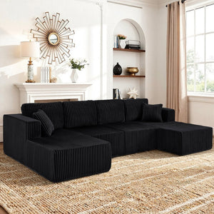 English Elm U-shaped Modular Corduroy Sectional Sofa Sleeper Spacious Living Room Lounge Couch Black W487S00426