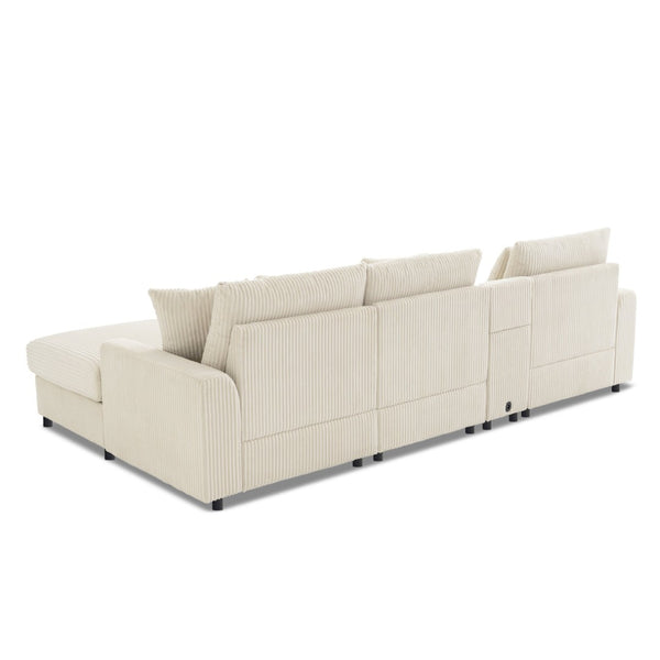 English Elm 114*64'' Corduroy Cloud Sectional with Bluetooth Speakers Usb Charging Ottoman Lounge Sofa N723S9756A
