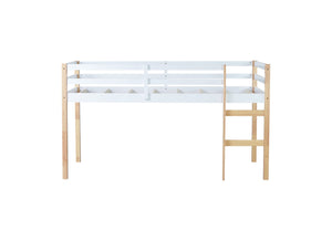 English Elm Solid Twin Loft Bed Natural-White Rubberwood with Ladder, Strengthened Slats, Storage-Ready Design W504P233031