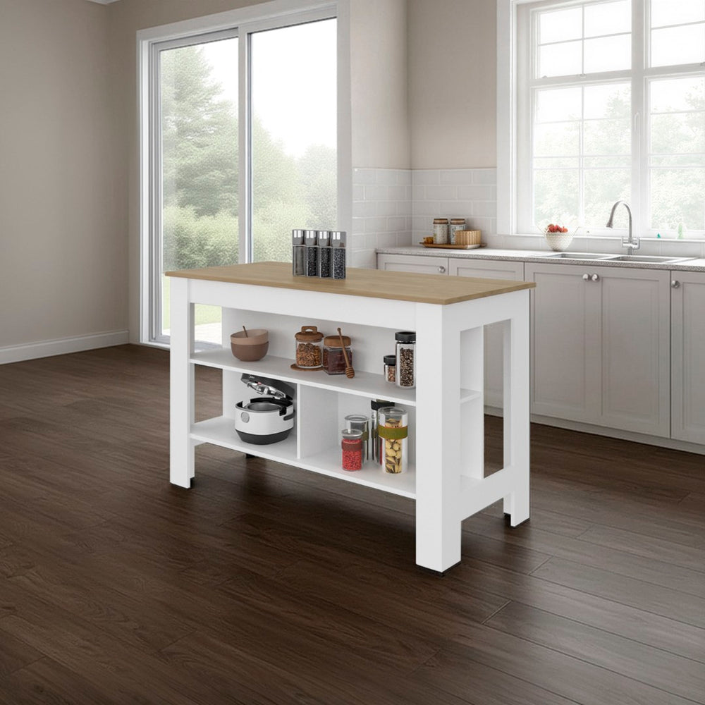 English Elm Ruso Modern Kitchen Island with Three Open Shelves in White and Natural Oak Finish B097P474317