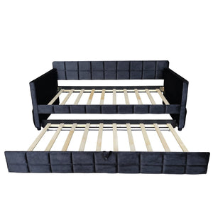 English Elm Modern Velvet Twin Daybed with Pull Out Trundle and Built in Armrest Storage Pockets Black SF000200AAB