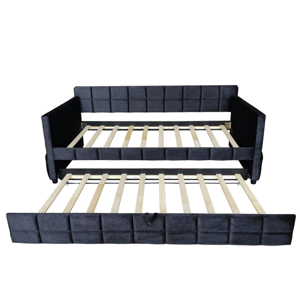 English Elm Modern Velvet Twin Daybed with Pull Out Trundle and Built in Armrest Storage Pockets Black SF000200AAB