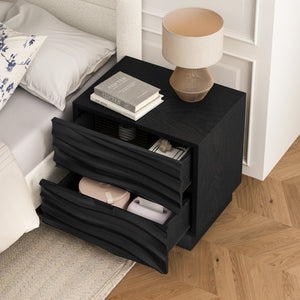 English Elm Farmhouse Nightstand Pine Wood Four Drawer Storage with Pull Out Tray Gourd Legs Black W1716P391020