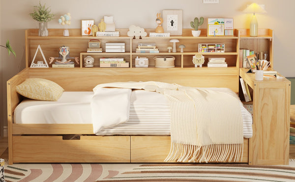 English Elm Wooden Twin Daybed with Built-In Desk, Side Shelves and Dual Drawers for Smart Space Saving Natural 54.9 L x 18.75 W x 5.6 H N733S241484M