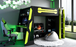 English Elm Twin Gaming Loft Bed with Desk Rgb Lighting and Multi-tier Shelves for Teen Rooms Green LT000160AAG
