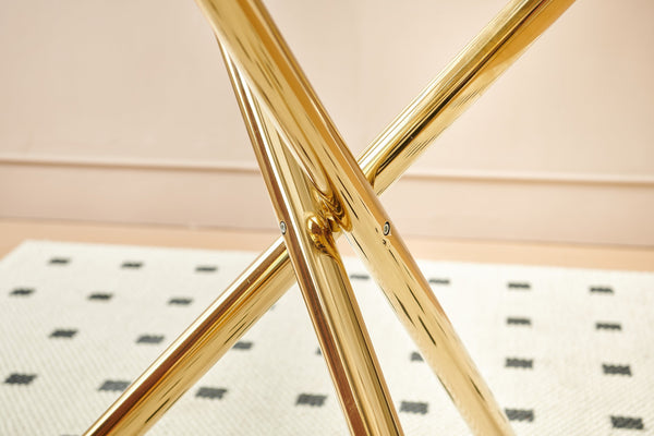 English Elm 1+4,5Pieces Mid-Century Dining Set With Glass Top & Gold Metal Legs - Stylish Table For 4-6 People W234S00091