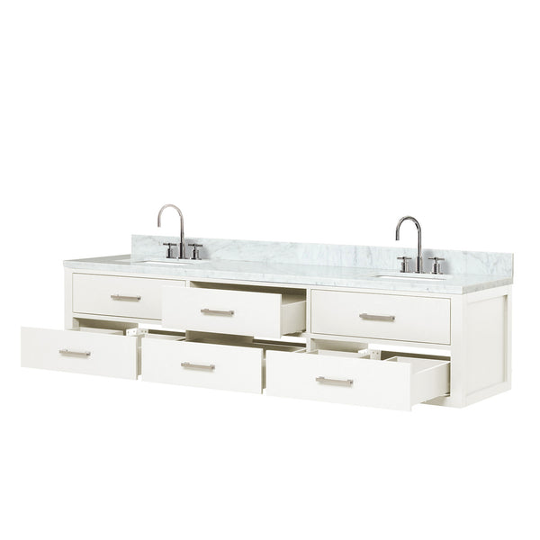 English Elm White Double Bath Vanity 80 in W x 22 in D with Carrara Marble Top, Chrome Gooseneck Faucets, Soft-Close cabinetry B2731P258125