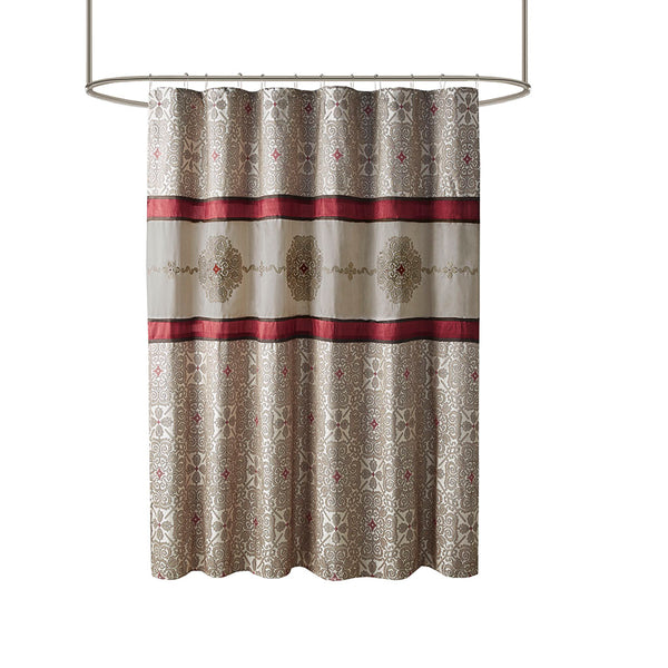 JLA Home Madison Park - Embroidered Jacquard Shower Curtain with Medallion Motif, Color-Blocked Texture & Rust-Resistant Grommets Red MP70-4047