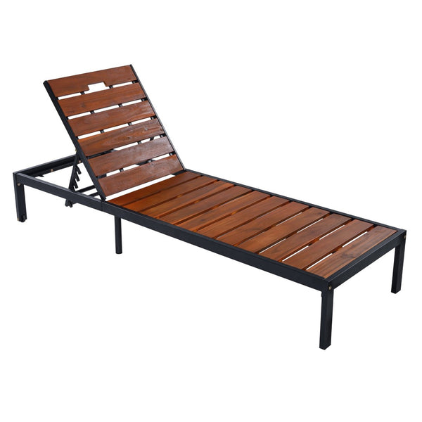English Elm Outdoor Acacia Wood Slat Chaise Lounge with Powder Coated Frame for Patio Resort Black+Brown N719P383161D