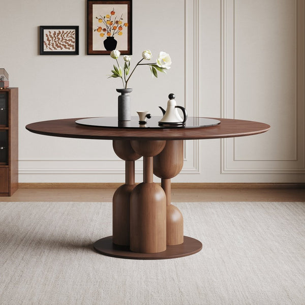 English Elm 59-inch Solid Oak Live Edge Round Dining Table Wabi-sabi Style Seats 8 with Glass Lazy Susan W2700S00135