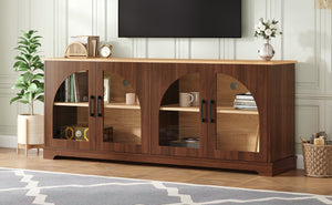 English Elm Farmhouse Media Console with Arched Glass Doors Wood Grain Two Tone Living Room Storage Walnut N721P411204P
