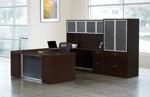 OSP Home Furnishings Napa Executive U-shape Desk with Overhead Hutch Filing Storage and Modesty Panel Espresso NAPESP-TYP213G