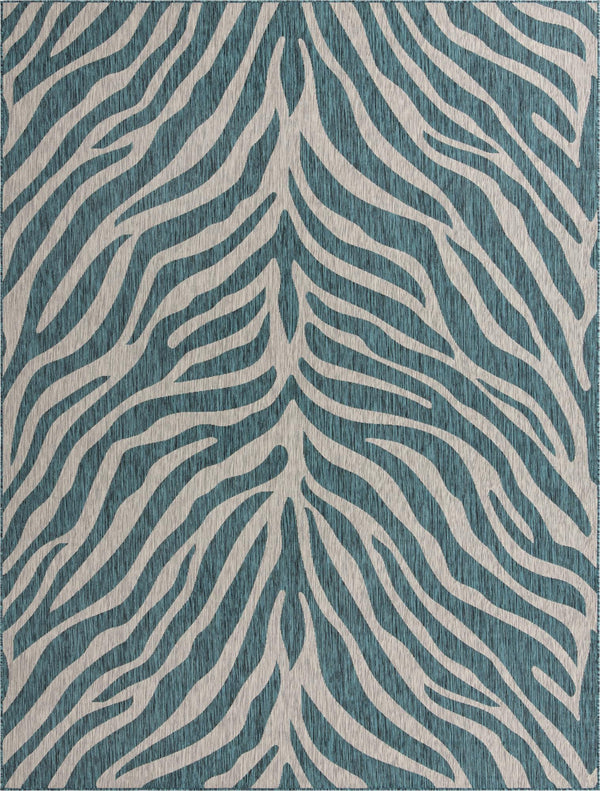 Unique Loom Outdoor Safari Tsavo Machine Made Animal Print Rug Teal, Ivory/Gray 9' 0" x 12' 0"
