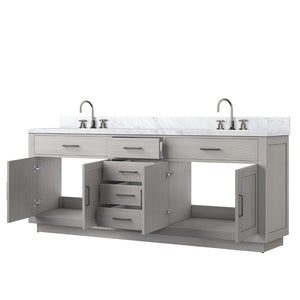 English Elm White Oak Double Bath Vanity 84" W X 22" D, Elegant Carrara Marble Top & Chrome Faucet Set Included B2731P257882-GIGA