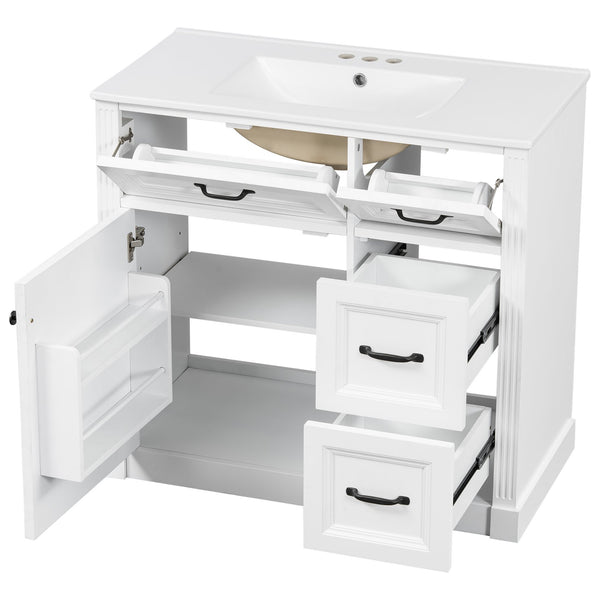 English Elm 36 Inch Bathroom Vanity With Sink – Modern Design, Soft-Close Drawers & Adjustable Storage Shelf, White Finish N725P336549K