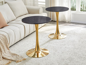 English Elm Round Faux Marble Tulip Dining Table Mid Century Pedestal Base for Compact Kitchens Gold,Grey W2920P395718