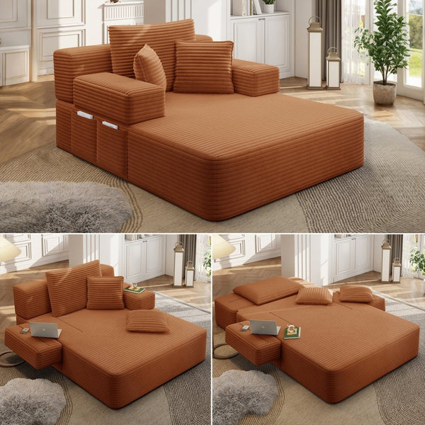 English Elm Luxurious Corduroy Convertible Chaise Lounge Sofa Bed with Storage and Coil Spring Foam Orange W3219P483088