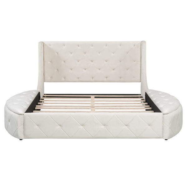 English Elm Upholstered Queen Platform Bed Velvet Wingback Storage Drawer with Side Stools LP100815AAA