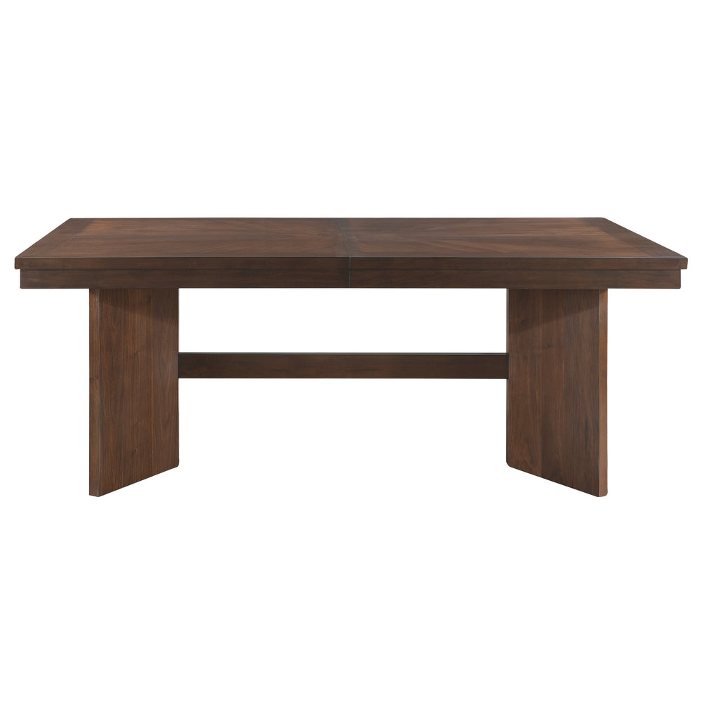 English Elm Walnut Modern Trestle Dining Table with Self-Storing 18" Leaf, 76–94" Extendable Rectangular Top, Rustic Veneer B011S01378