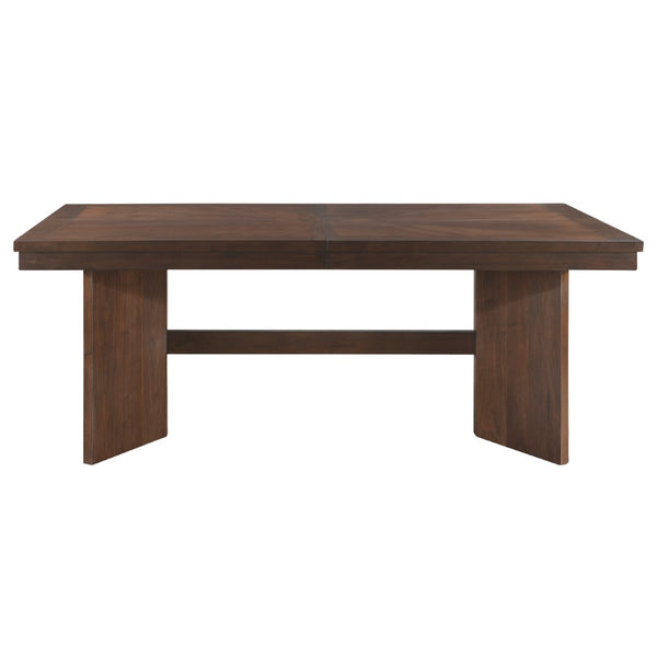 English Elm Walnut Veneer Six Piece Dining Set with Extension Leaf Trestle Table and Upholstered Chairs B011S01381