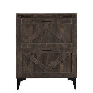 English Elm Shoe Cabinet with 2 Flip Drawers and Open Shelves, Slim Rustic Brown Entryway Organizer, Space-Saving Wood Storage W679P154753