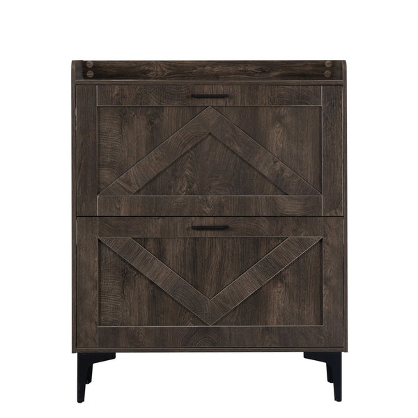 English Elm Shoe Cabinet with 2 Flip Drawers and Open Shelves, Slim Rustic Brown Entryway Organizer, Space-Saving Wood Storage W679P154753