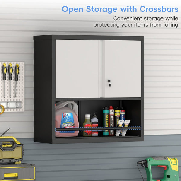 English Elm Metal Wall Mounted Steel Cabinet Lockable Doors Adjustable Shelves Kitchen Office Storage Black+Grey T3625P366860