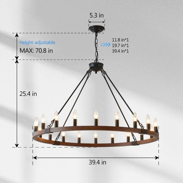 English Elm 39.3 Inch Wood Wagon Wheel Chandelier with Seeded Glass Shades 20-light Farmhouse W5008P464781